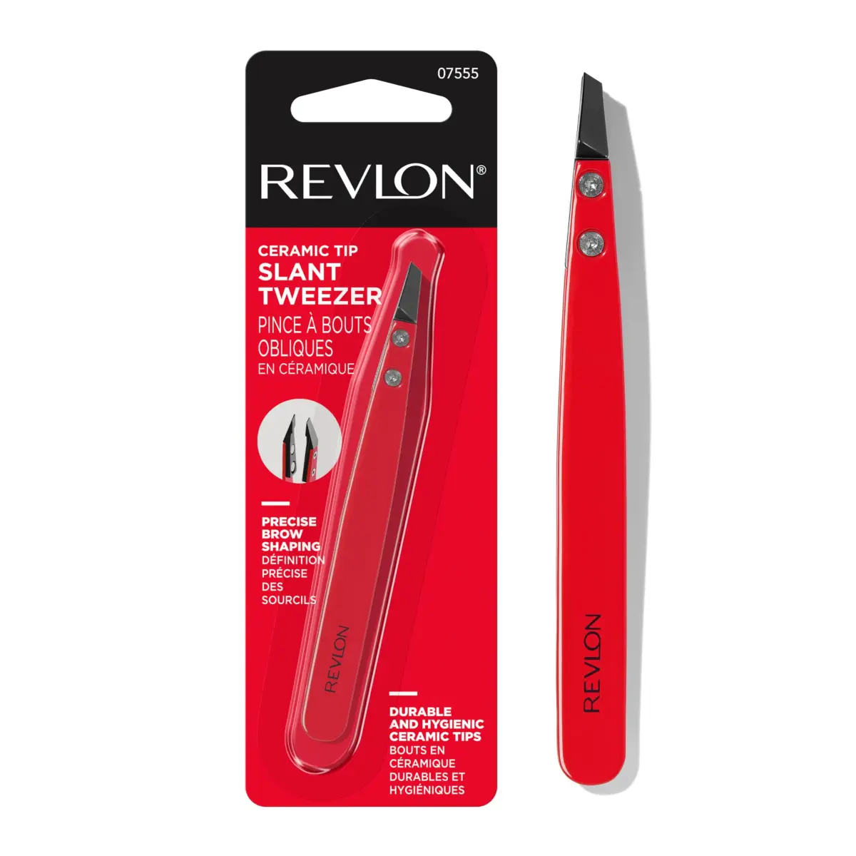 Revlon Ceramic Slanted Tip Tweezers, Precision For Eyebrow Shaping and Fine Hair Removal, Stainless Steel Body, Red, 1 Count | Hand-Finished Ceramic Tip - main product image