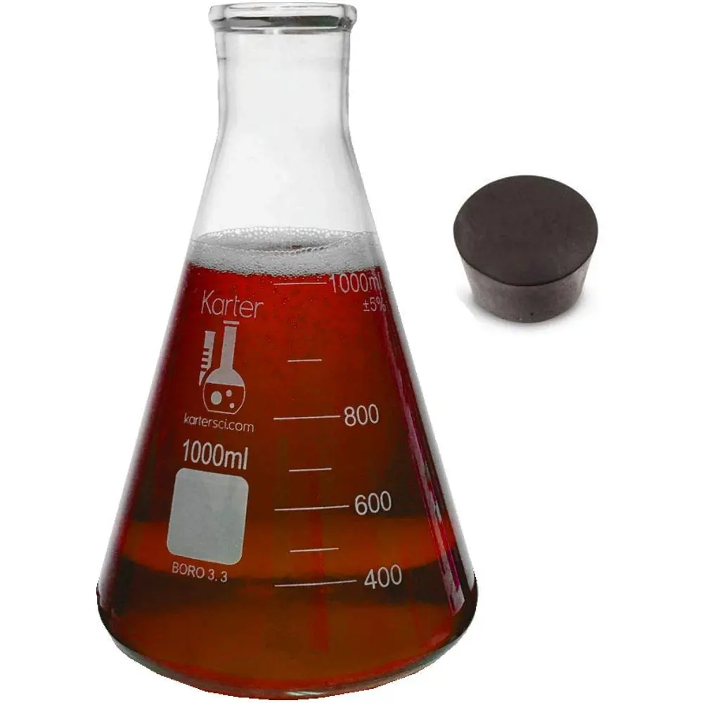 Karter Scientific 1000ml Narrow Mouth Erlenmeyer Flask with Rubber Stopper | 3.3 Borosilicate Glass, Heavy Duty Rim, 228mm Height - view 2