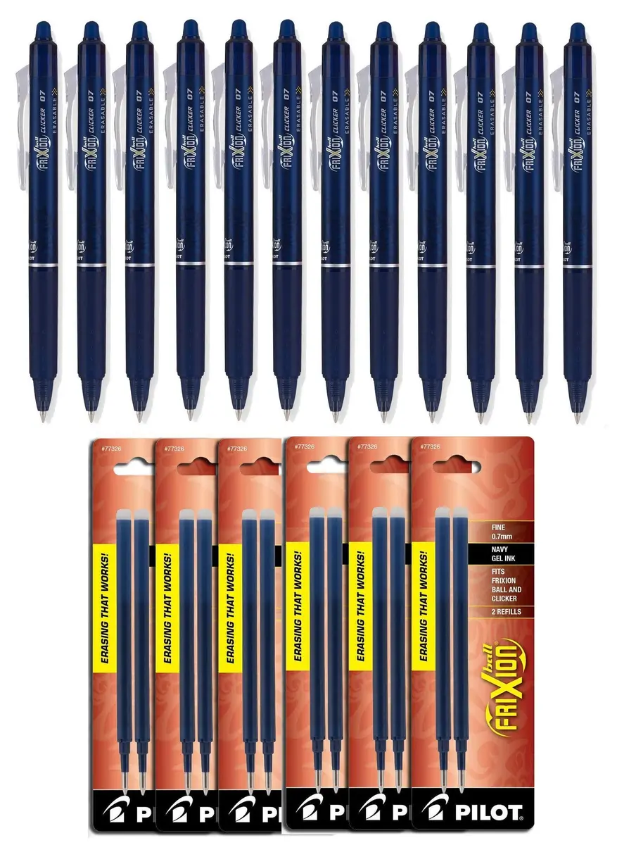 Pilot FriXion Clicker Retractable Gel Ink Pens 0.7mm | Erasable, Fine Point, Navy Blue Ink, Bundle of 12 Pens + 12 Refills - main product image