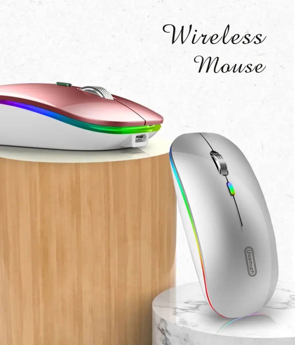 Uiosmuph G12 LED Wireless Mouse, Rechargeable Silent Mouse with USB C Adapter, 1600DPI Optical, 4.4 x 2.22 x 0.79 inches, Silver | Modern Style - view 8