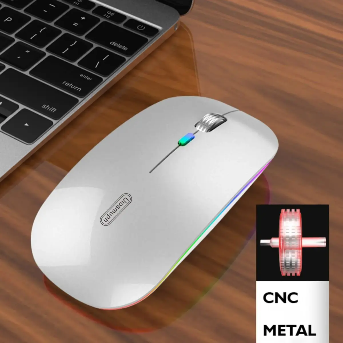 Uiosmuph G12 LED Wireless Mouse, Rechargeable Silent Mouse with USB C Adapter, 1600DPI Optical, 4.4 x 2.22 x 0.79 inches, Silver | Modern Style - view 3