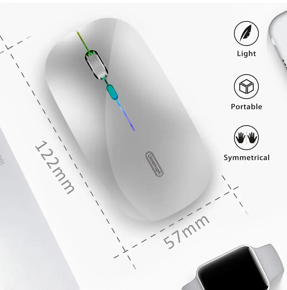 Uiosmuph G12 LED Wireless Mouse, Rechargeable Silent Mouse with USB C Adapter, 1600DPI Optical, 4.4 x 2.22 x 0.79 inches, Silver | Modern Style - view 4