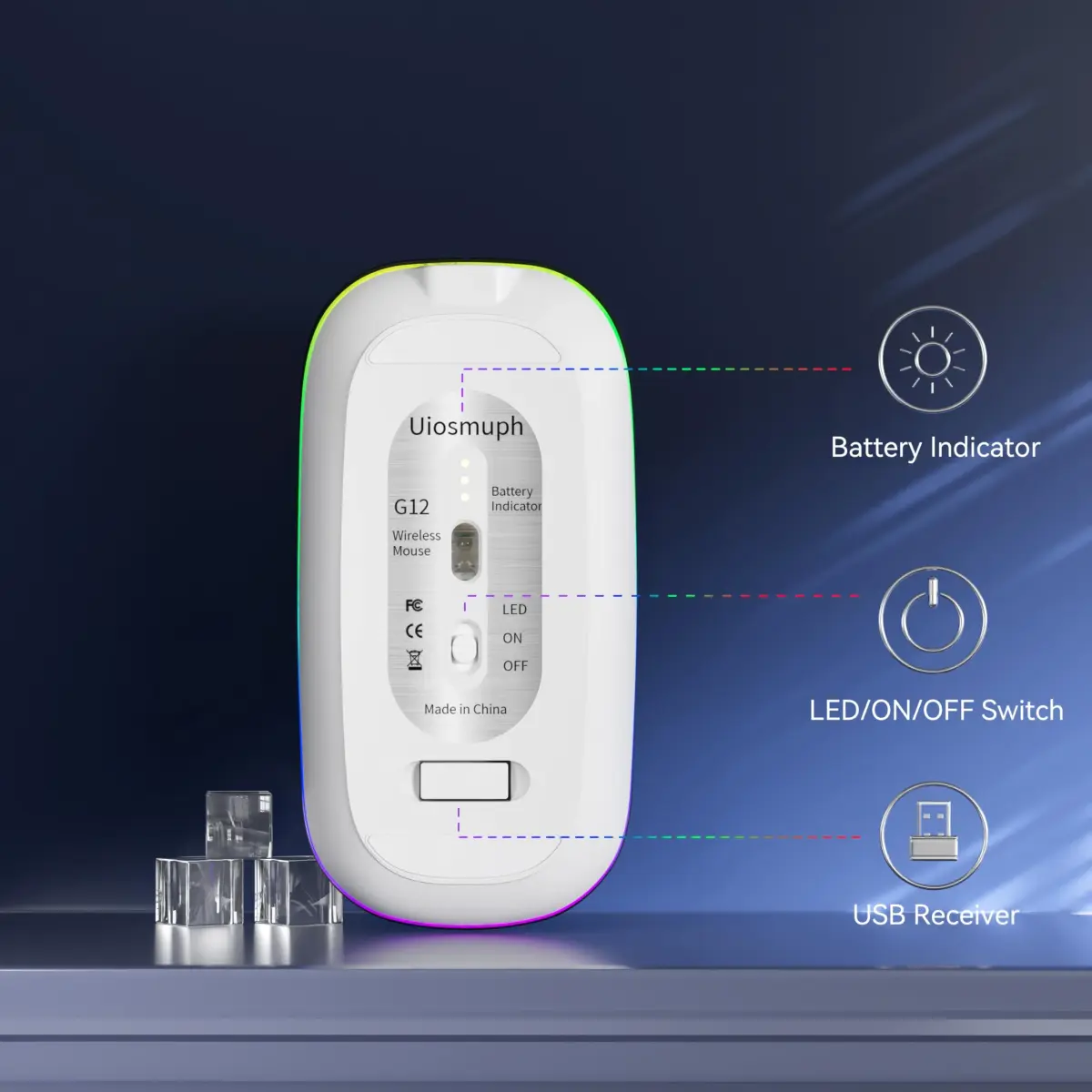 Uiosmuph G12 LED Wireless Mouse, Rechargeable Silent Mouse with USB C Adapter, 1600DPI Optical, Blue | Modern Style - view 5