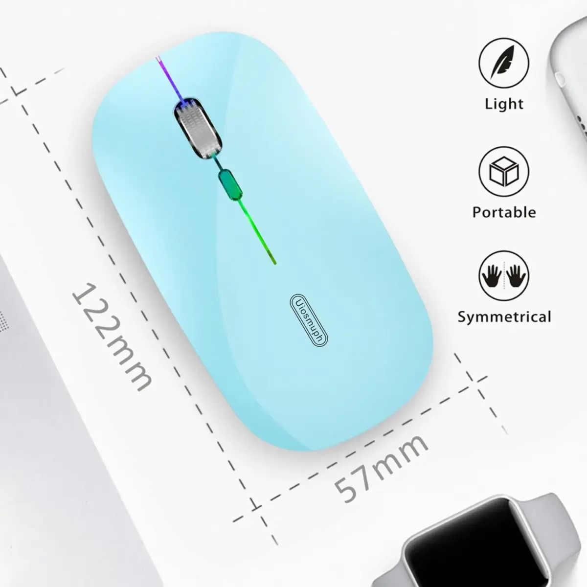 Uiosmuph G12 LED Wireless Mouse, Rechargeable Silent Mouse with USB C Adapter, 1600DPI Optical, Blue | Modern Style - view 3