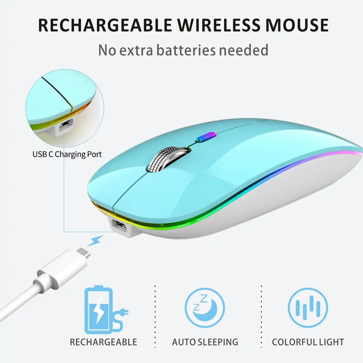 Uiosmuph G12 LED Wireless Mouse, Rechargeable Silent Mouse with USB C Adapter, 1600DPI Optical, Blue | Modern Style - view 4