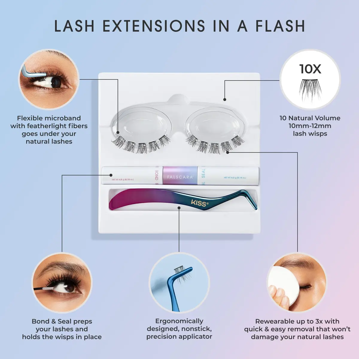 KISS Falscara DIY Lash Extension Starter Kit 10 Reusable Featherlight Wisps, Bond & Seal, Applicator - view 9
