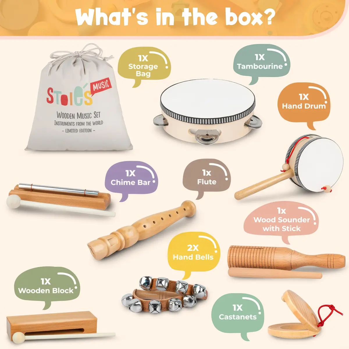 Stoie’s Wooden Musical Instruments for Kids Ages 3+ | Montessori Music Toy Set with 13 Instruments - view 2