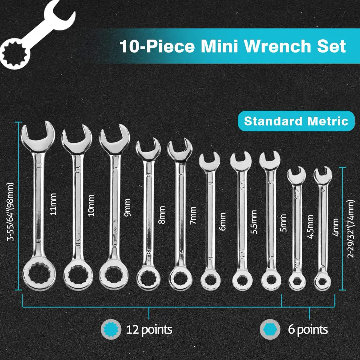 SPEEDWOX Mini Combination Wrench Set 4-11mm (10 Pcs) | High Carbon Steel with Rust-Resistant Chrome Finish - view 2