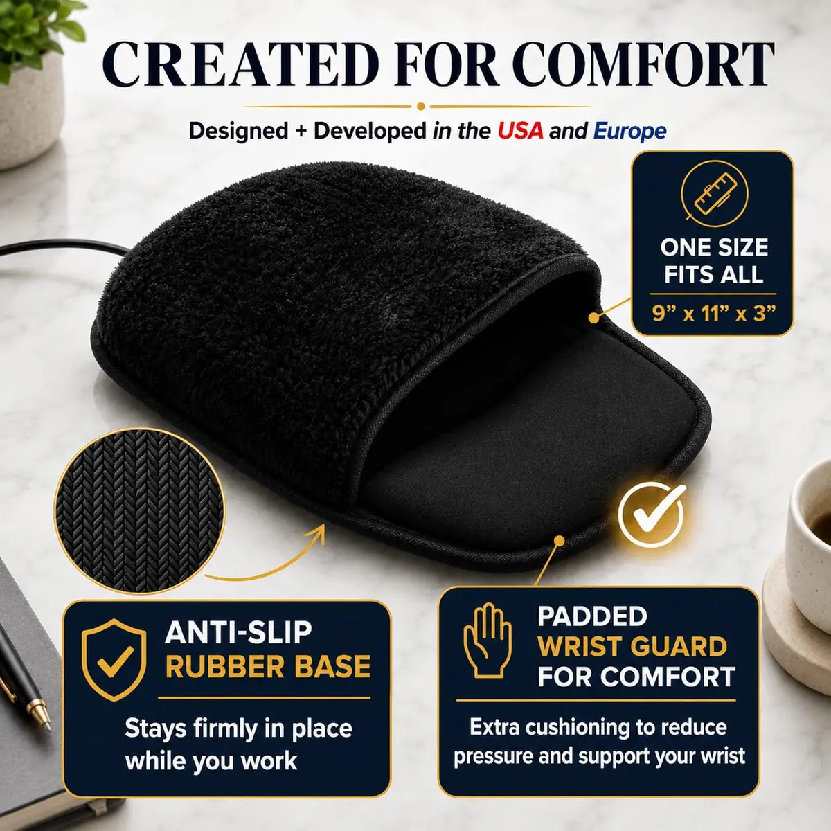 WOLVIO USB Heated Mouse Pad Hand Warmer | 3 Temperatures & Timers, Ergonomic, UKCA/CE Certified - view 5