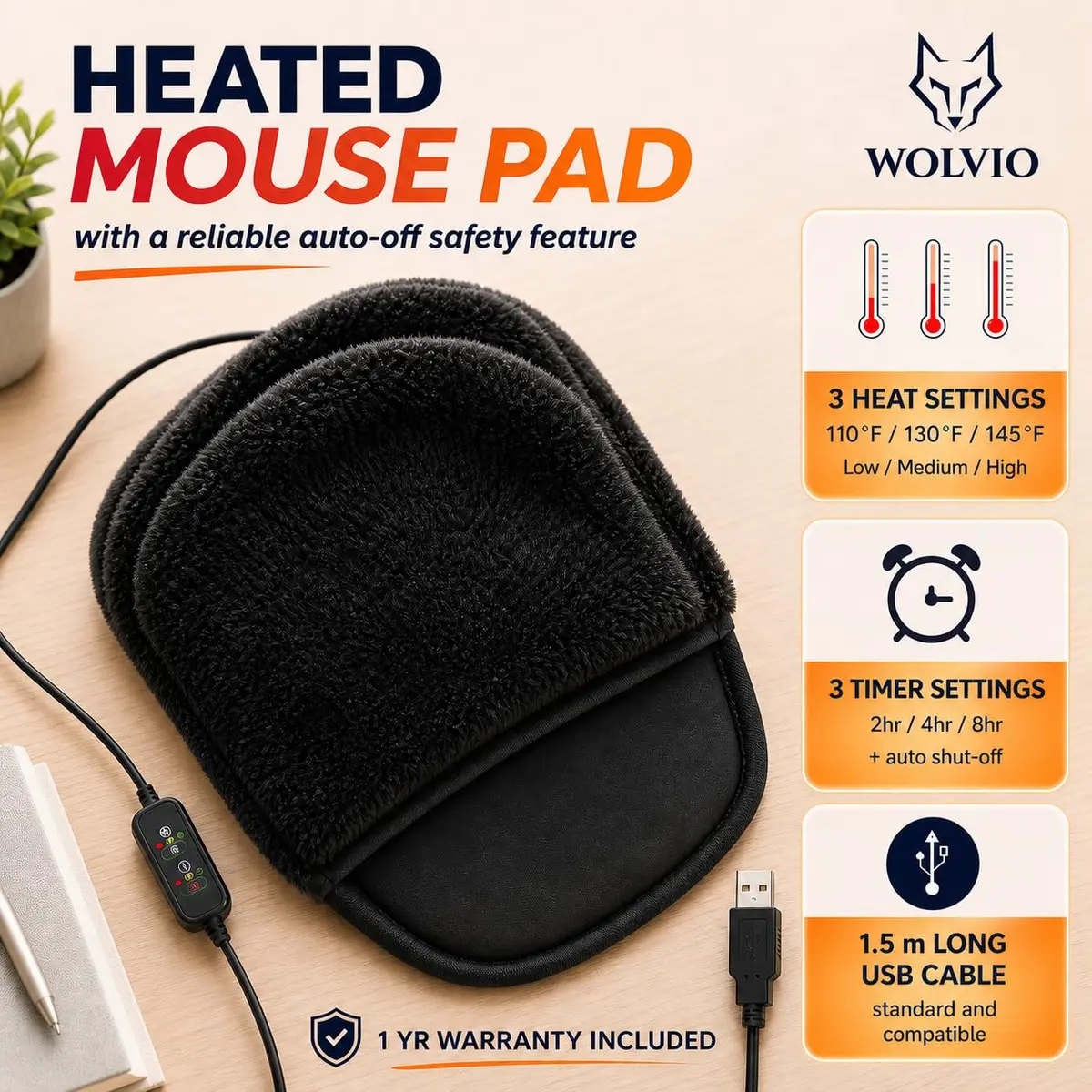 WOLVIO USB Heated Mouse Pad Hand Warmer | 3 Temperatures & Timers, Ergonomic, UKCA/CE Certified - view 2