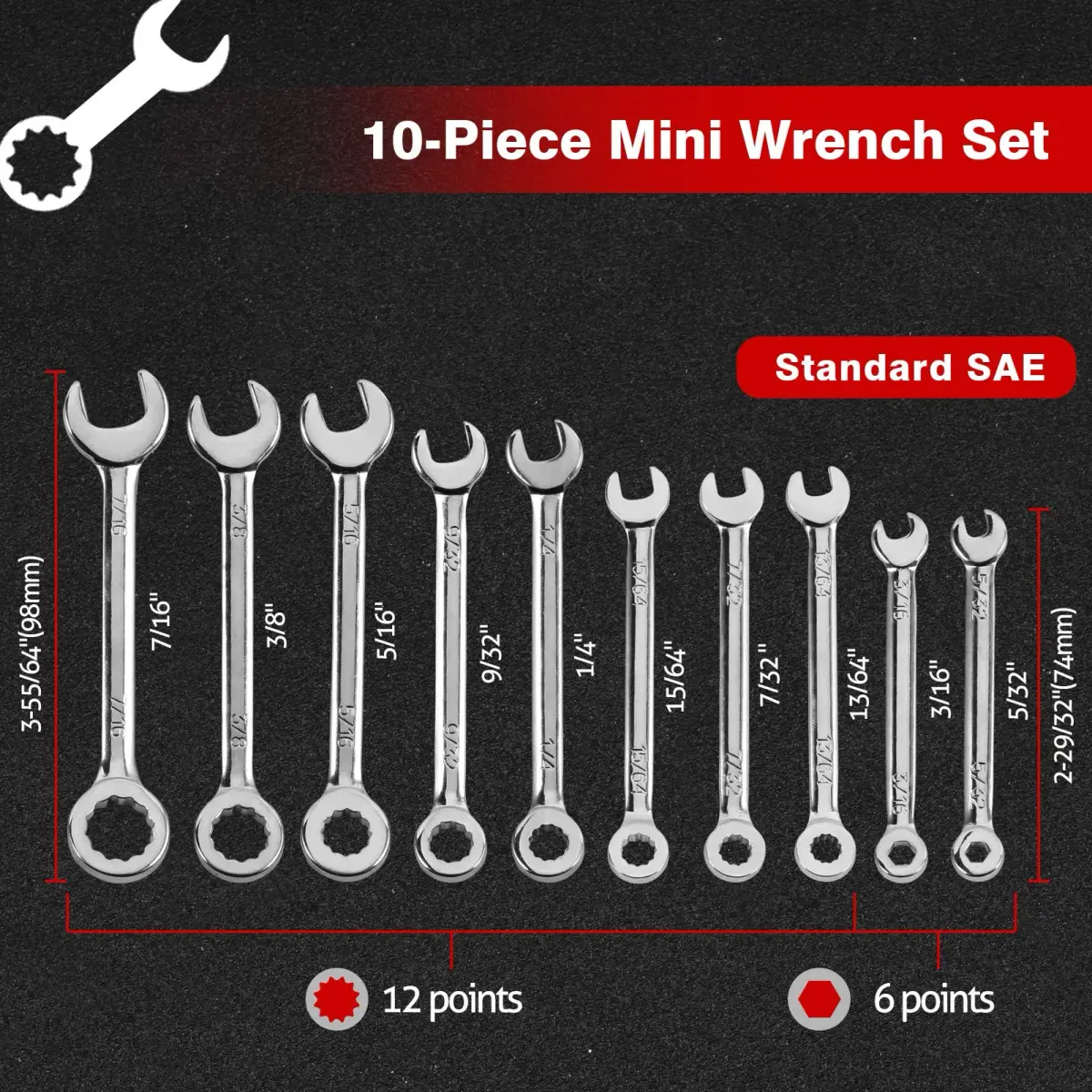 SPEEDWOX Mini SAE Ignition Wrench Set 10 Pcs 5/32"-7/16" | High Carbon Steel Rust-Resistant Chrome Finish - view 2