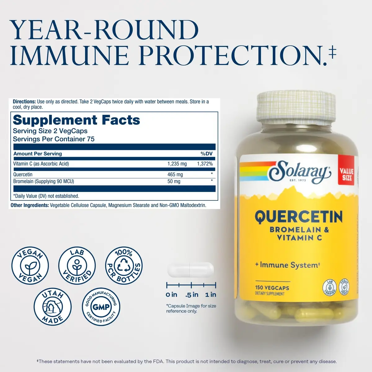 SOLARAY Quercetin Bromelain & Vitamin C 150 VegCaps | Year-Round Immune Support, Vegan, 500mg Quercetin & 1235mg Vit C - view 2