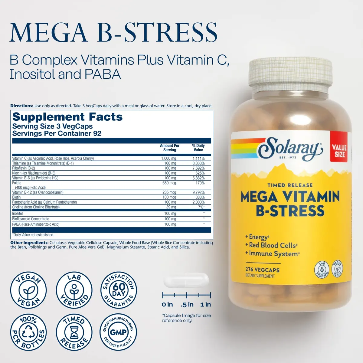SOLARAY Mega Vitamin B-Stress - Timed Release Vitamin B Complex w/Vitamin B12, B6, Folic Acid, VIT. C - Vegan, 276 Count - view 2