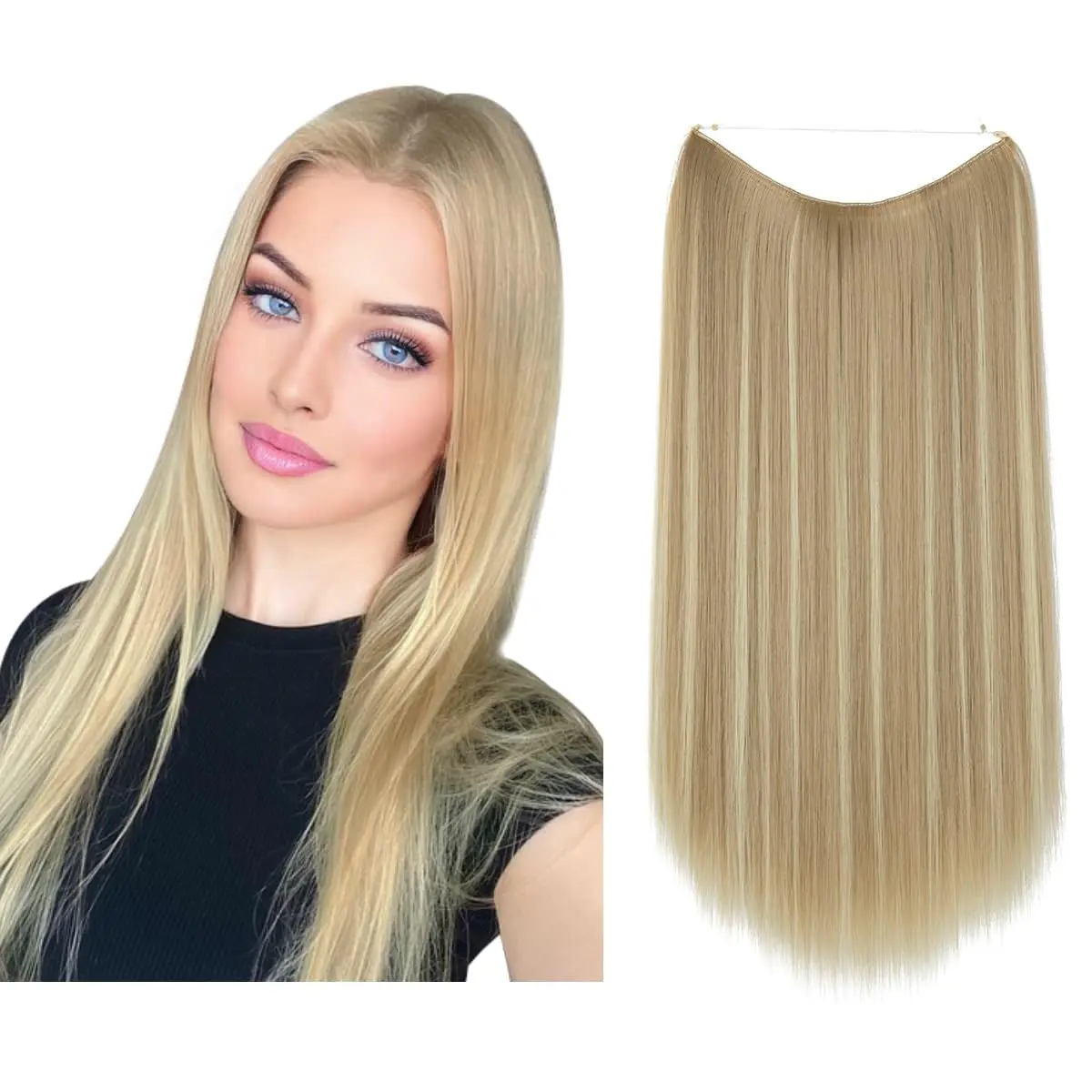 SARLA Invisible Wire Hair Extensions Dirty Blonde Straight Synthetic Hairpieces 14 inch (35.56 cm) | Heat Resistant Hair Extension for Women - main product image