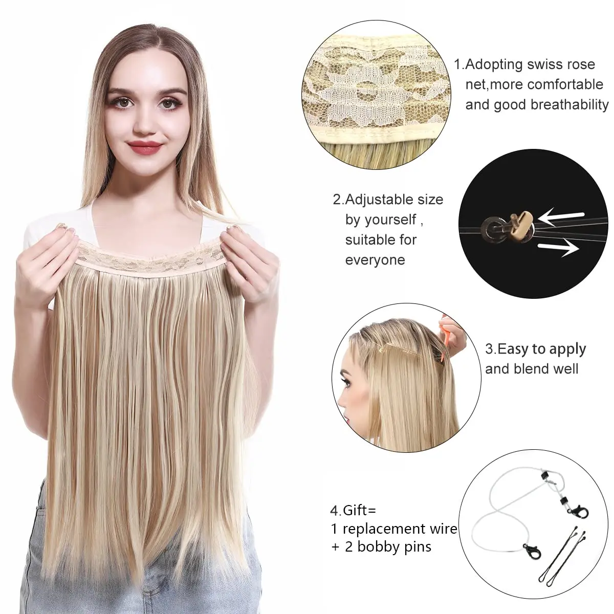 SARLA Invisible Wire Hair Extensions Dirty Blonde Straight Synthetic Hairpieces 14 inch (35.56 cm) | Heat Resistant Hair Extension for Women - view 5