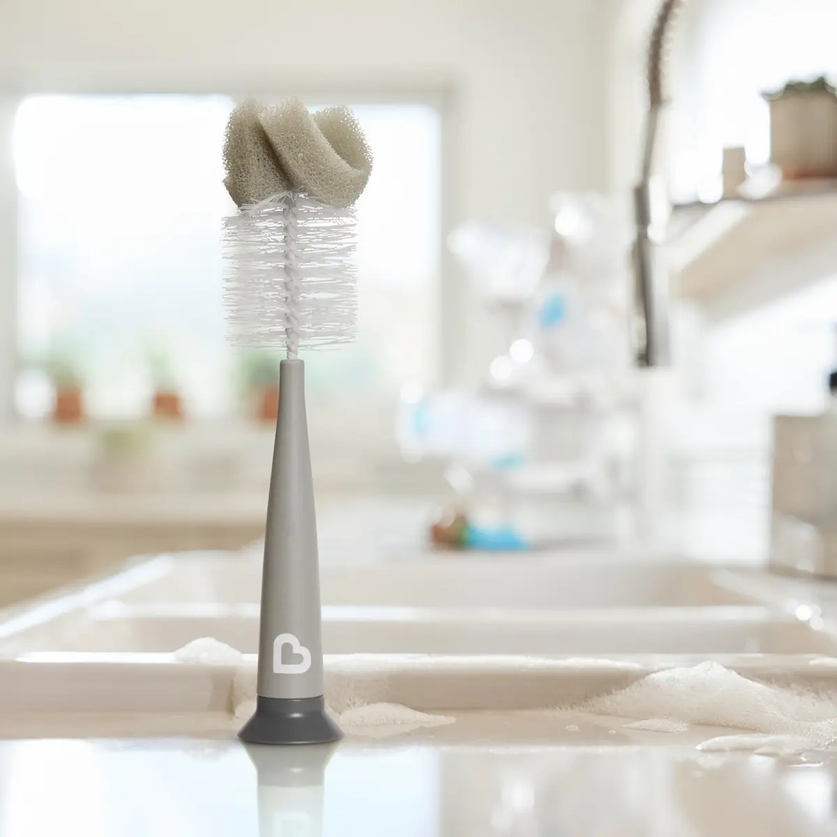 Munchkin Sponge Bottle Brush, Grey/Sage | 2 Count, Soft Nylon & Sponge, Upright Stand - view 4
