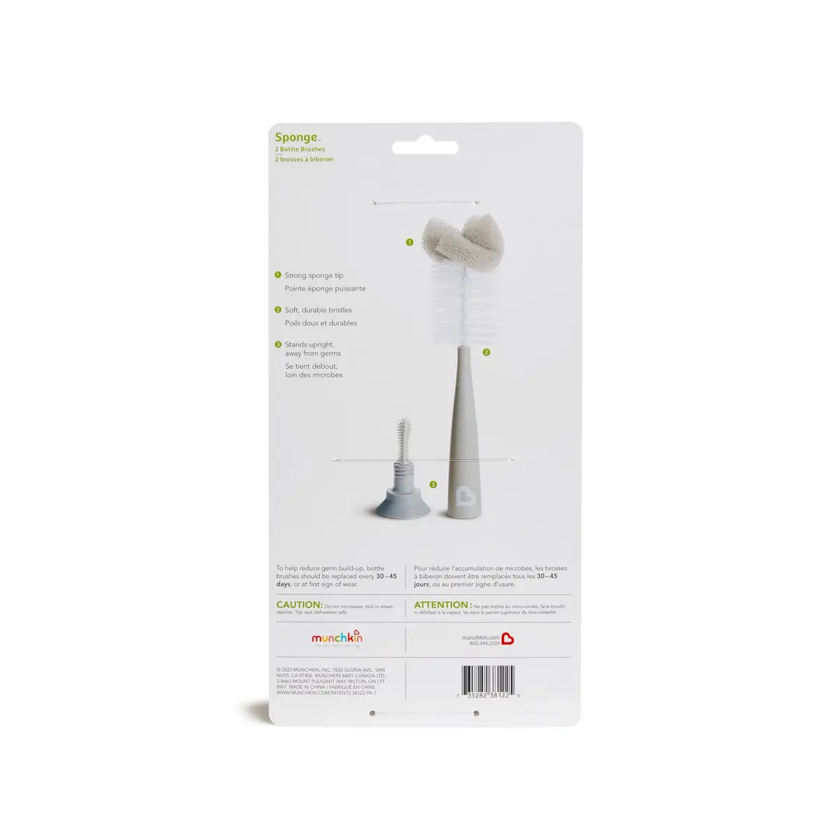 Munchkin Sponge Bottle Brush, Grey/Sage | 2 Count, Soft Nylon & Sponge, Upright Stand - view 7