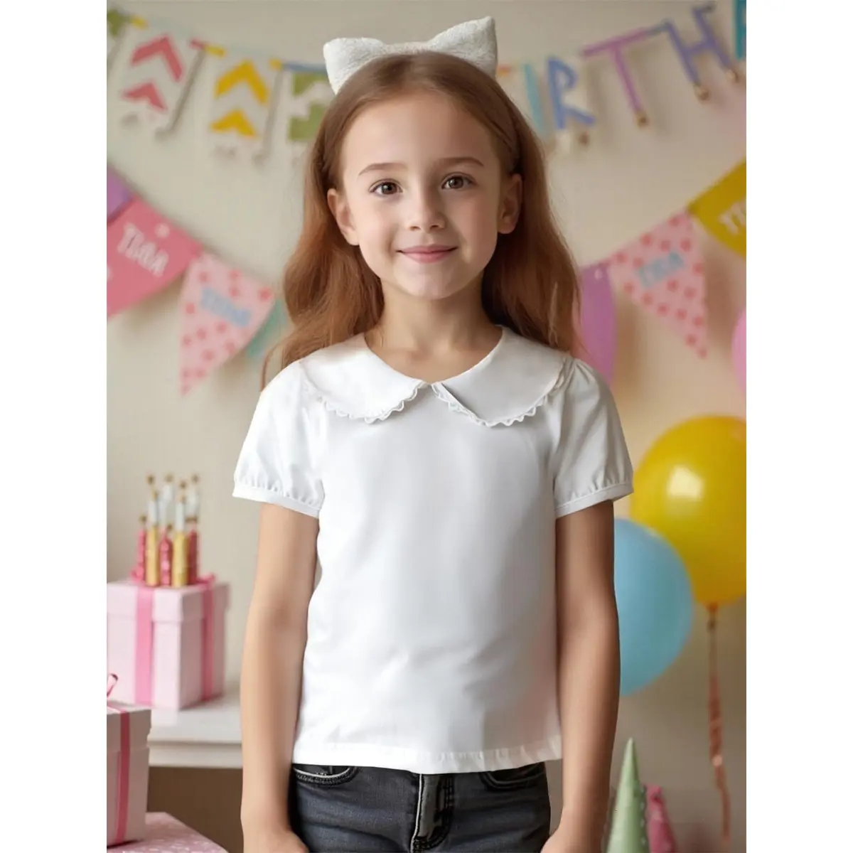 MODNTOGA Kids Baby Girl Long Sleeve Collar Shirt 3-4 Years | Solid White Toddler Top with Puff Sleeves - view 7