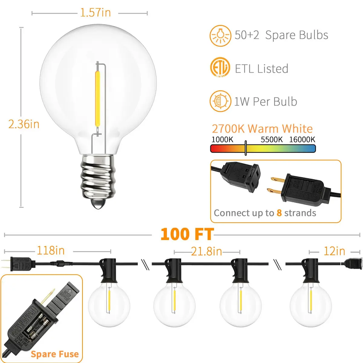 Svater Outdoor String Lights Waterproof 100 FT | Shatterproof LED Globe Bulbs for Patio & Garden - view 2