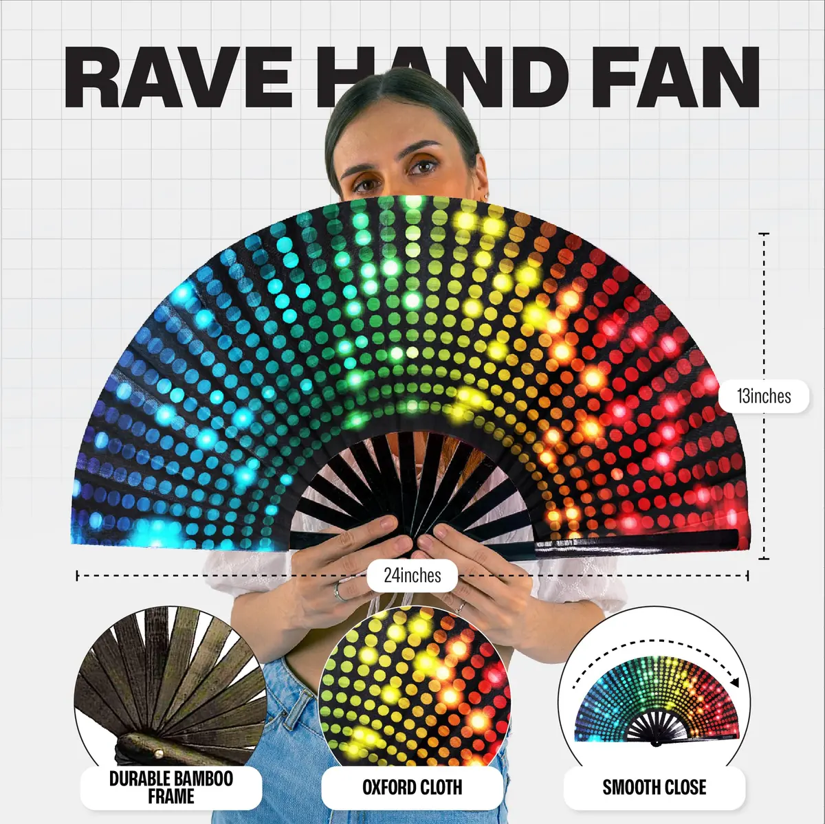 SoJourner Bags Bright Lights Rave Fan - Large Folding Clack Fan for Men and Women | EDM, Festival Accessory - view 3