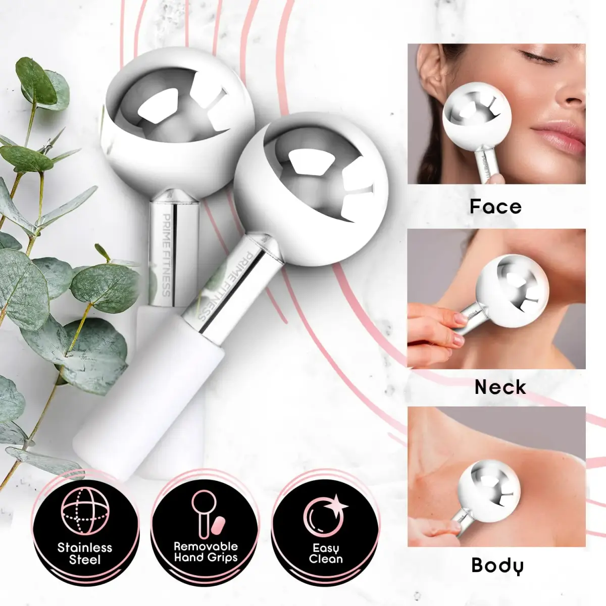 PRIME Fitness Ice Globes for Facials | Unbreakable Steel Cooling Roller 2 Count (Pack of 1) | Stimulate Circulation, Reduce Puffiness, Wrinkles - view 2