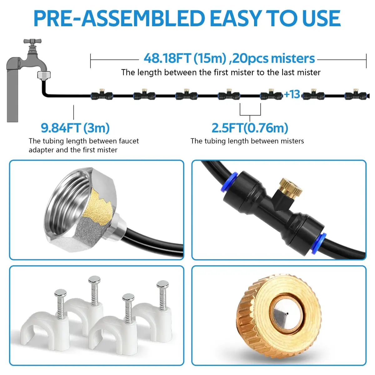 homenote Misting Cooling System 59FT (18M) | 20 Brass Nozzles, 3/4" Adapter, Outdoor Mister for Patio, Garden, Greenhouse - view 2