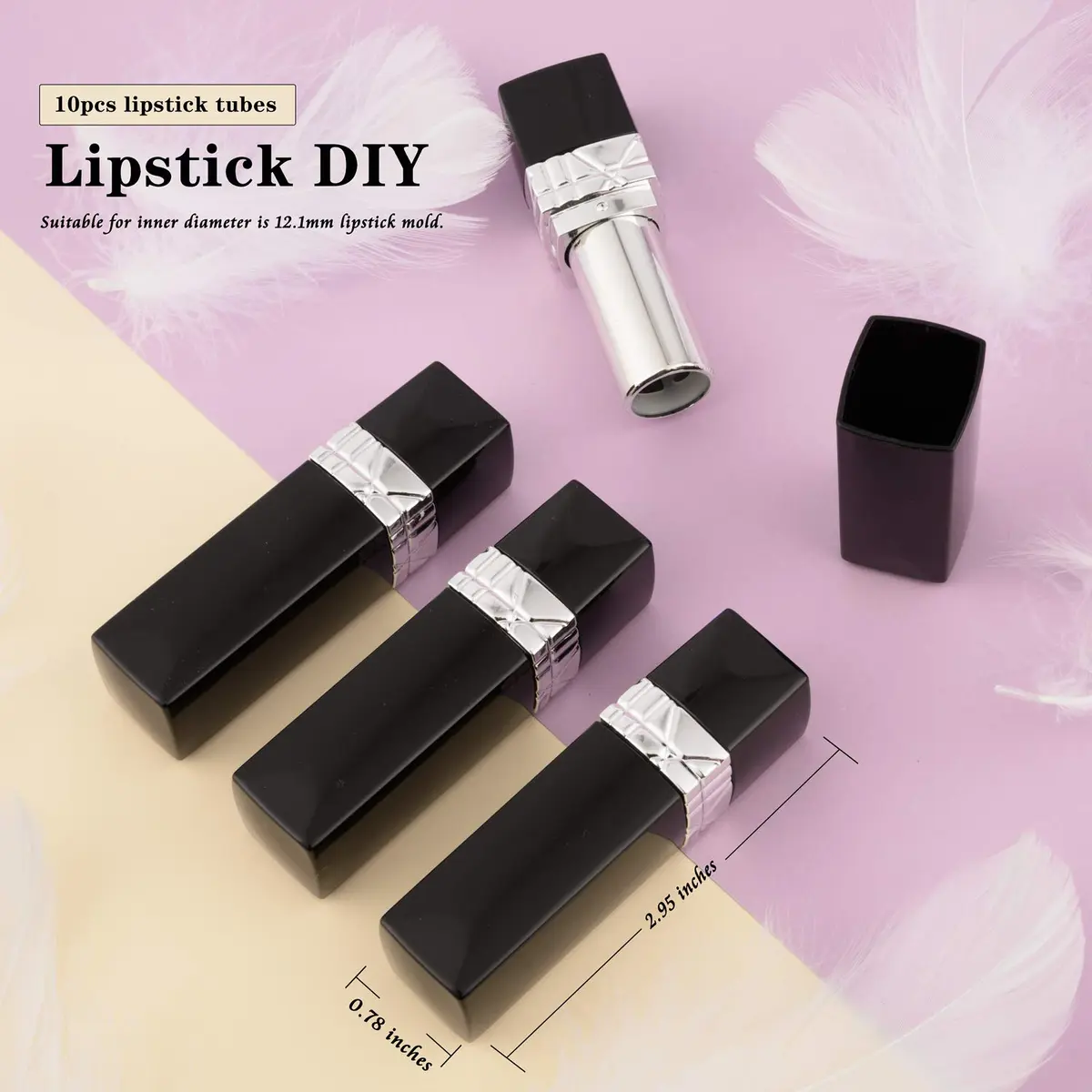 Allwon 10Pcs Black Empty Lipstick Tubes DIY Lip Balm Container | Rectangle Tube for Custom Lipstick (approx 75mm x 20mm) - view 2