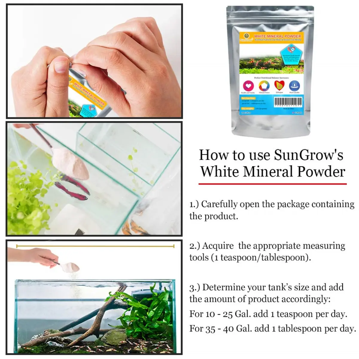 SunGrow Shrimp Calcium White Powder 1.8 oz (51 g) | Essential Mineral for Freshwater Shrimp - view 5