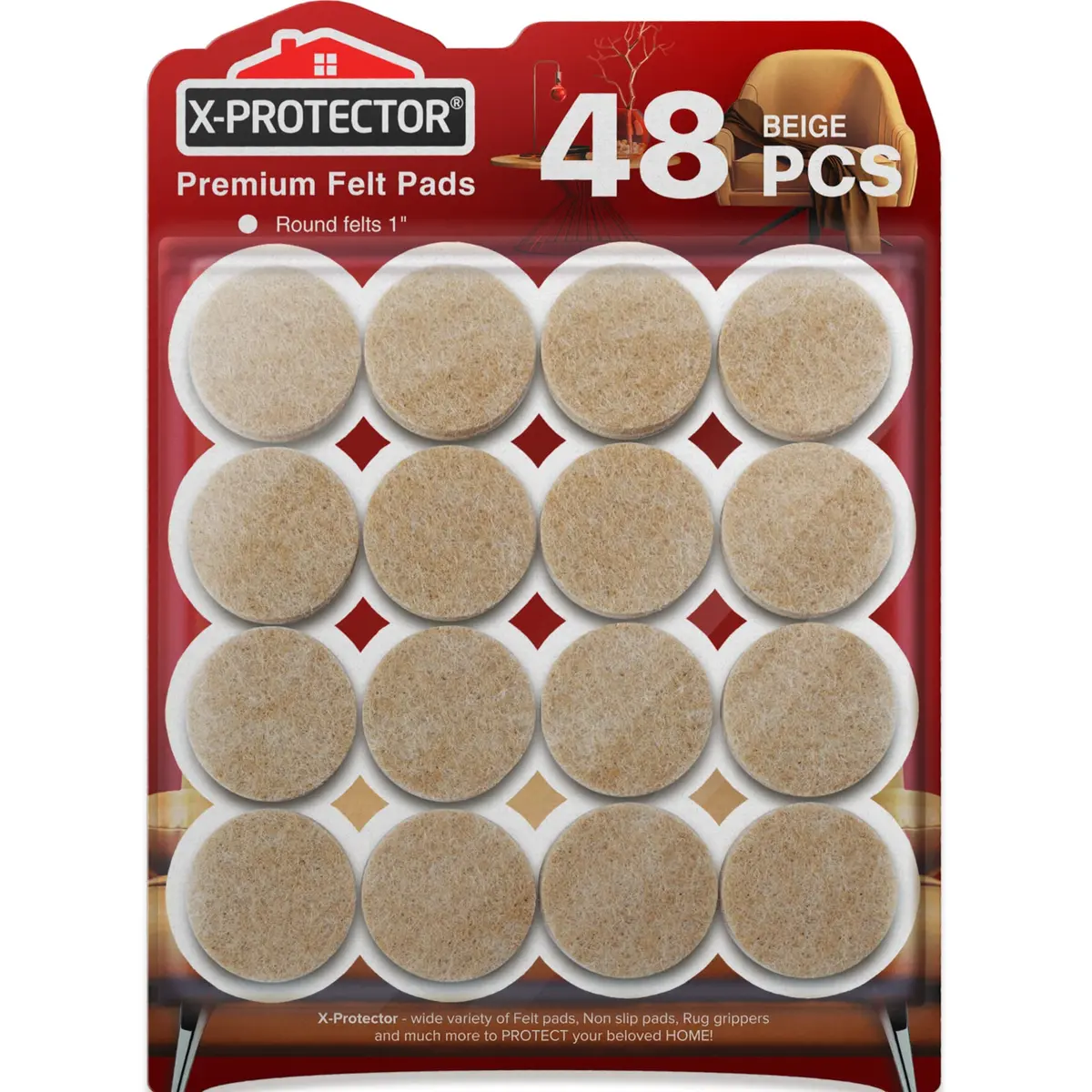 X-Protector Felt Furniture Pads 48 pcs 1" Beige | Floor Scratch Protection - main product image