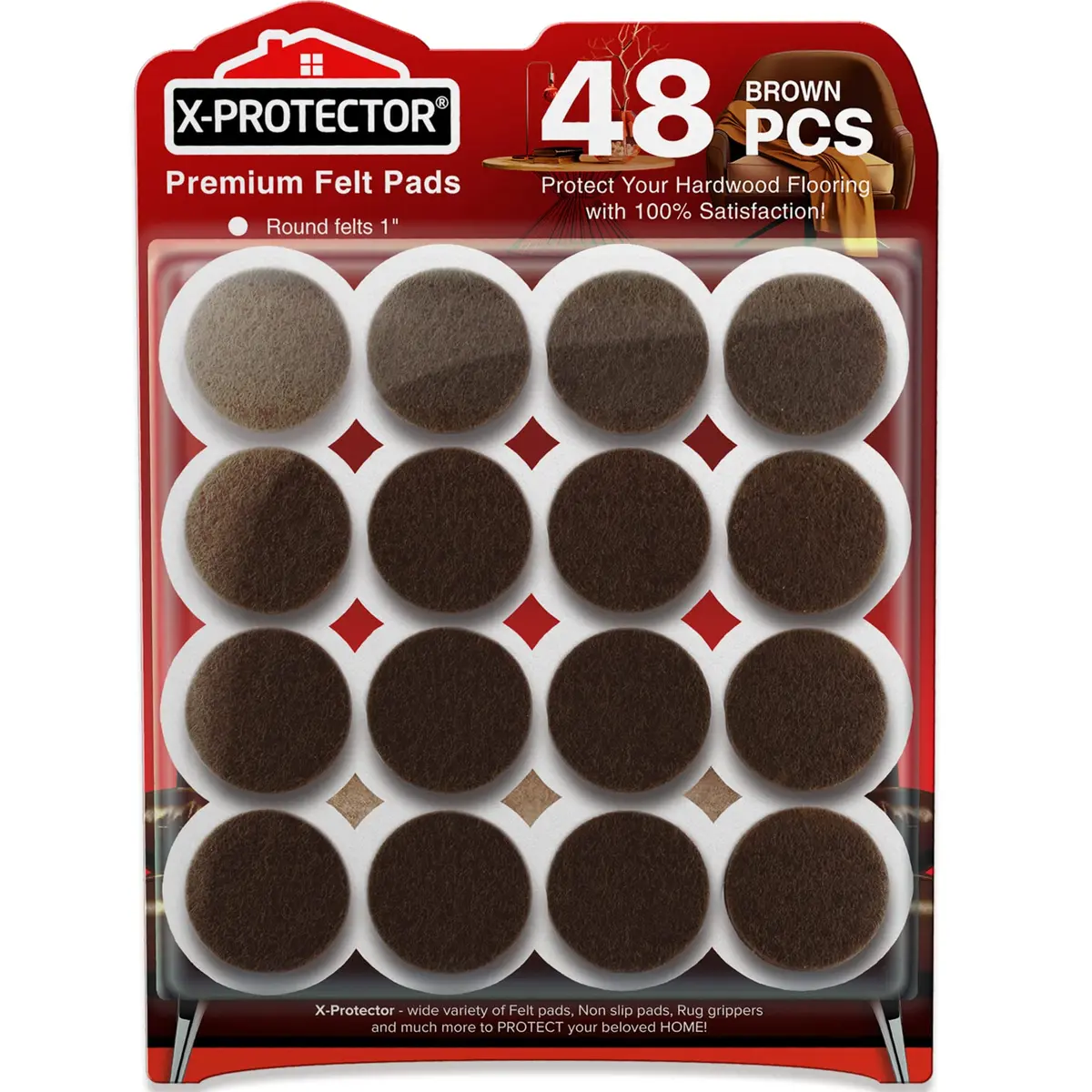X-Protector Felt Furniture Pads - 48 PCS 1" Brown | Protects Wooden & Laminate Floors - main product image