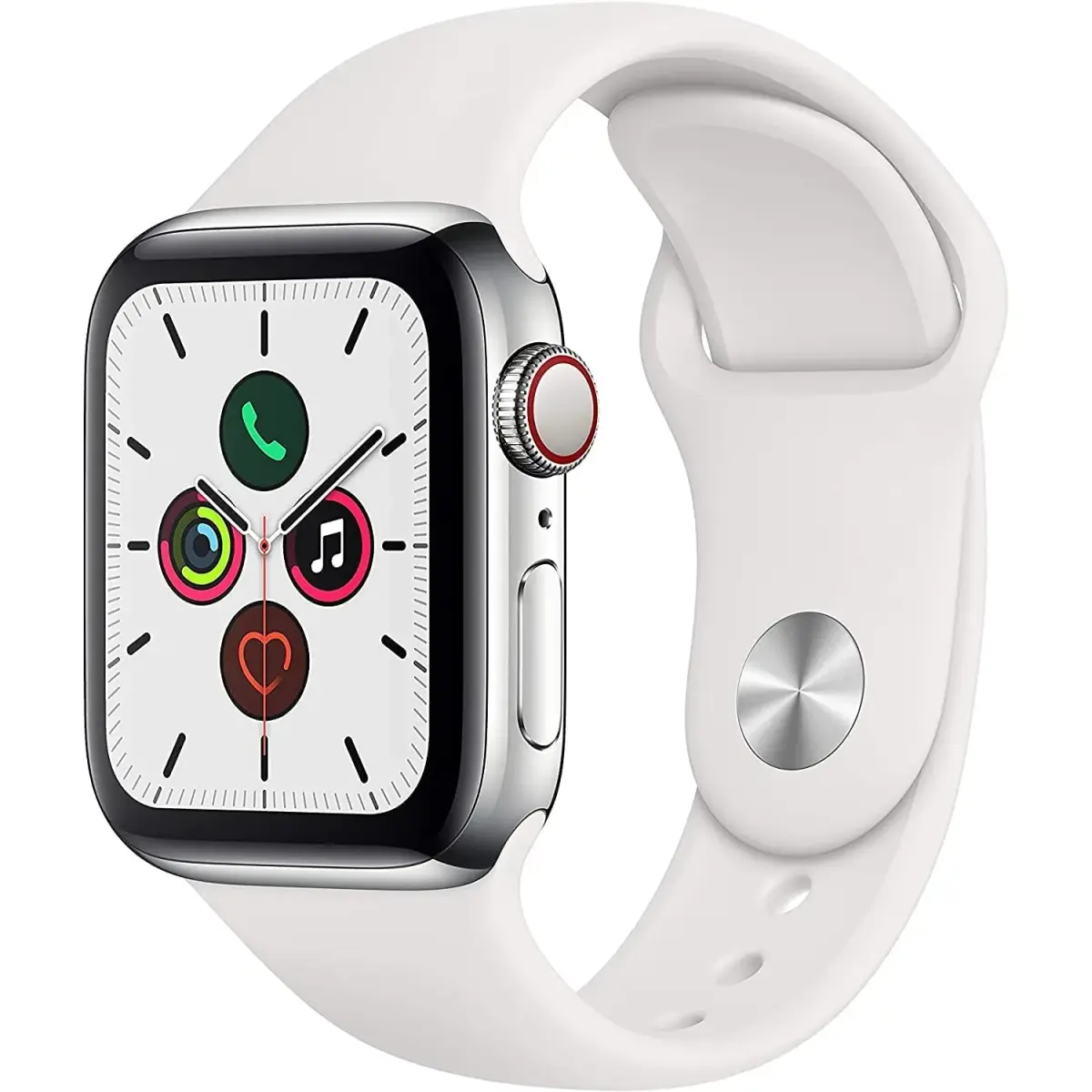 Apple Watch Series 5 GPS + Cellular 40MM Silver Stainless Steel Case with White Sport Band | Smartwatch with GPS and Cellular - main product image