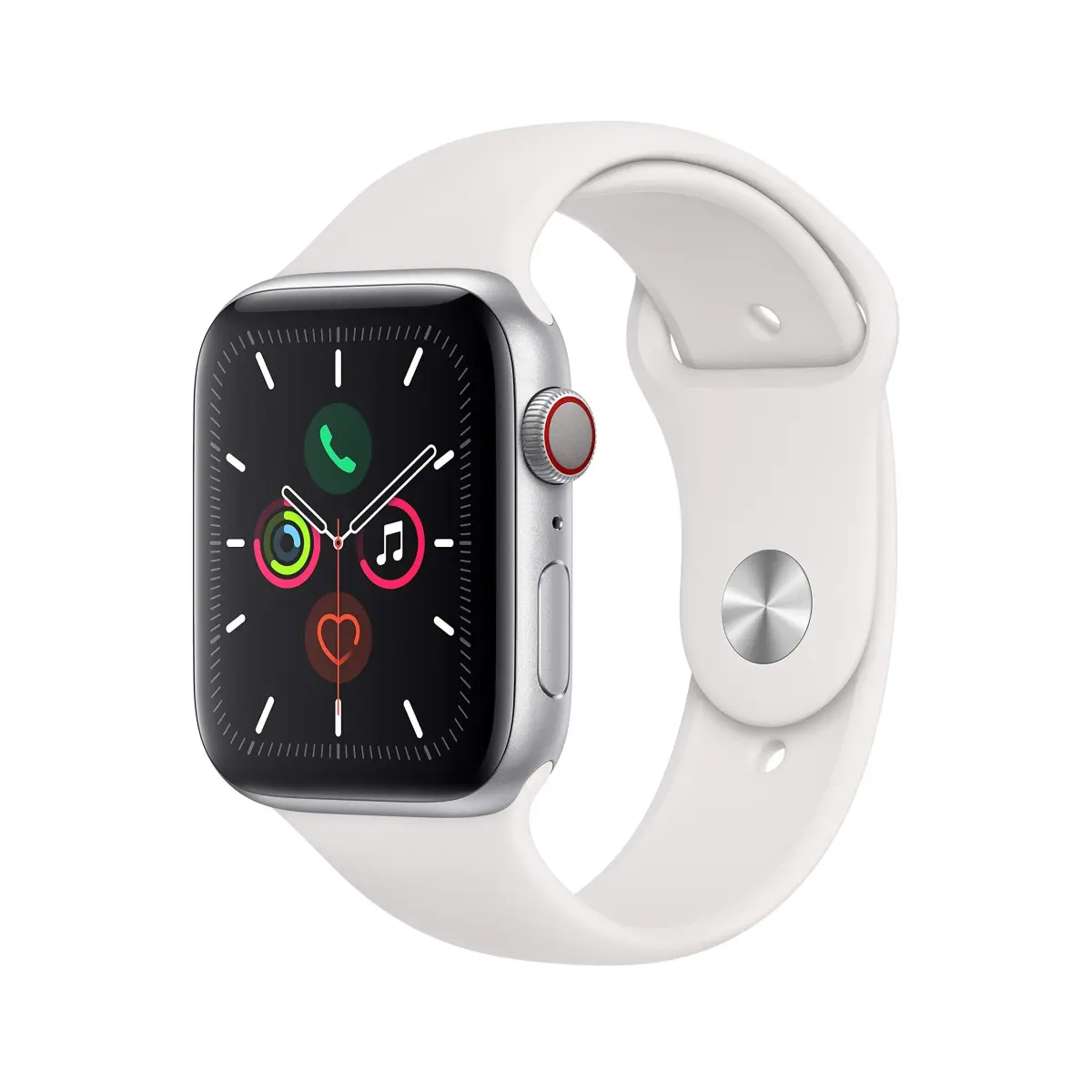 Apple Watch Series 5 (GPS + Cellular, 44MM) Silver Aluminum Case with White Sport Band | Always-On Retina Display - main product image
