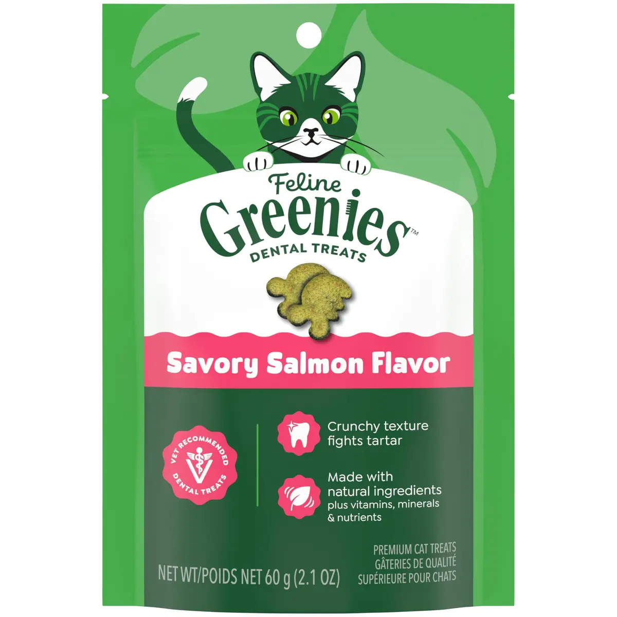 Greenies Feline Natural Crunchy Dental Cat Treats, Salmon Flavor, 2.1 oz | Supports Dental Hygiene & Breath - main product image