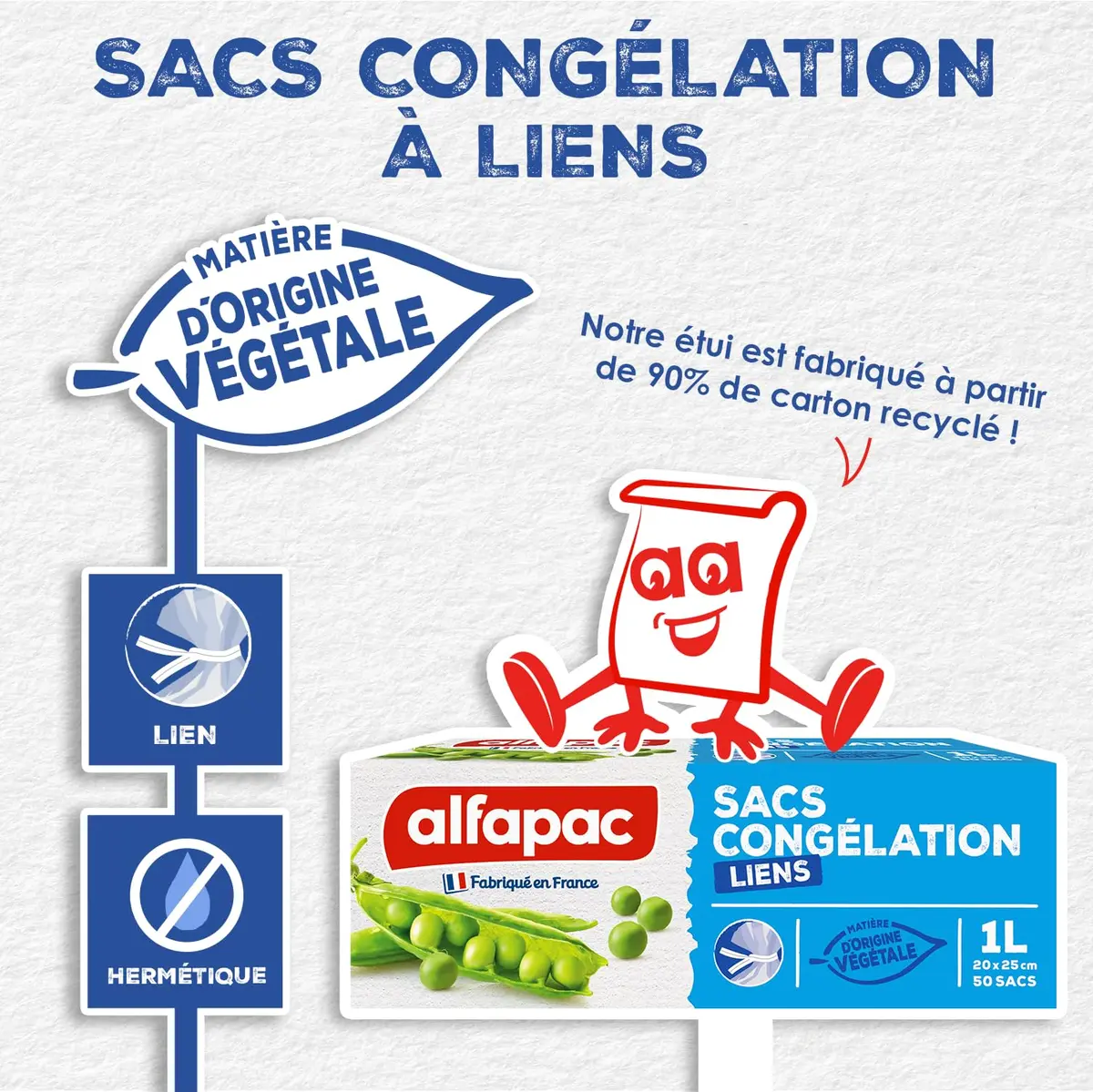 Alfapac Freezer Bags with Ties 1L (50 Count) | Renewable Plant Material, Made in France - view 2