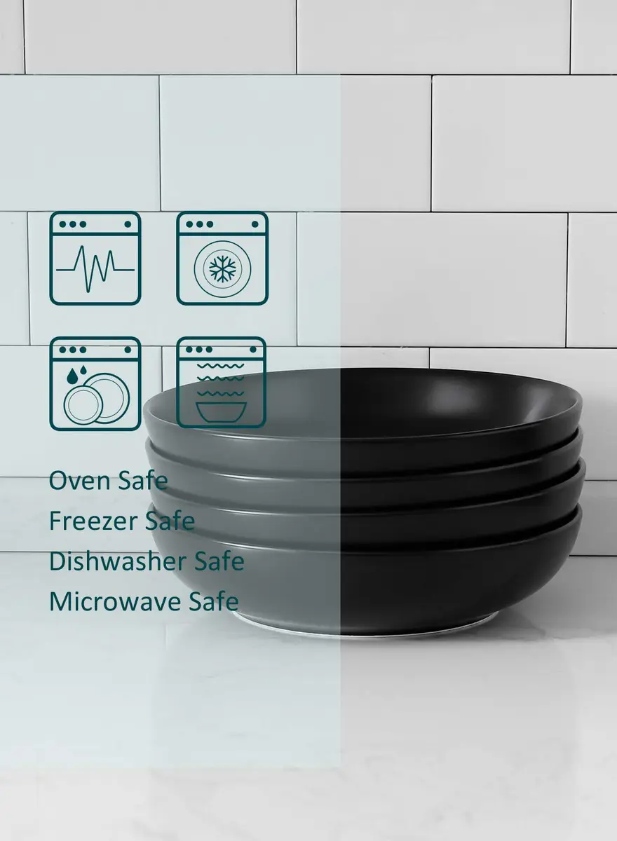 Teocera Matte Black Pasta Bowls Set of 4 | 35oz Porcelain Serving Bowls for Pasta & Salad - view 6