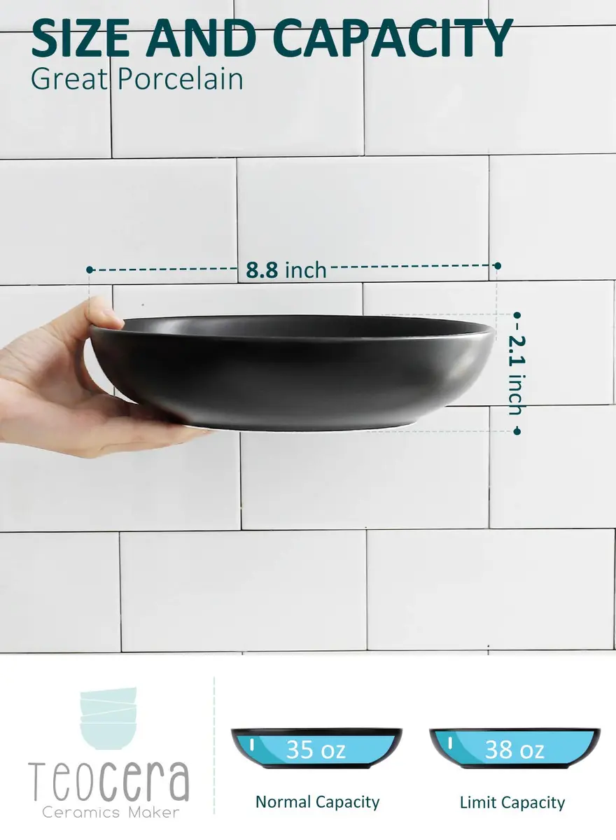Teocera Matte Black Pasta Bowls Set of 4 | 35oz Porcelain Serving Bowls for Pasta & Salad - view 2