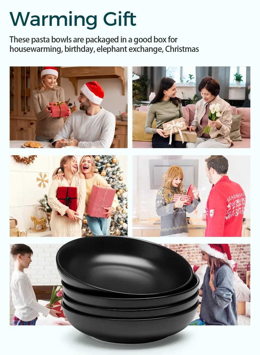 Teocera Matte Black Pasta Bowls Set of 4 | 35oz Porcelain Serving Bowls for Pasta & Salad - view 3