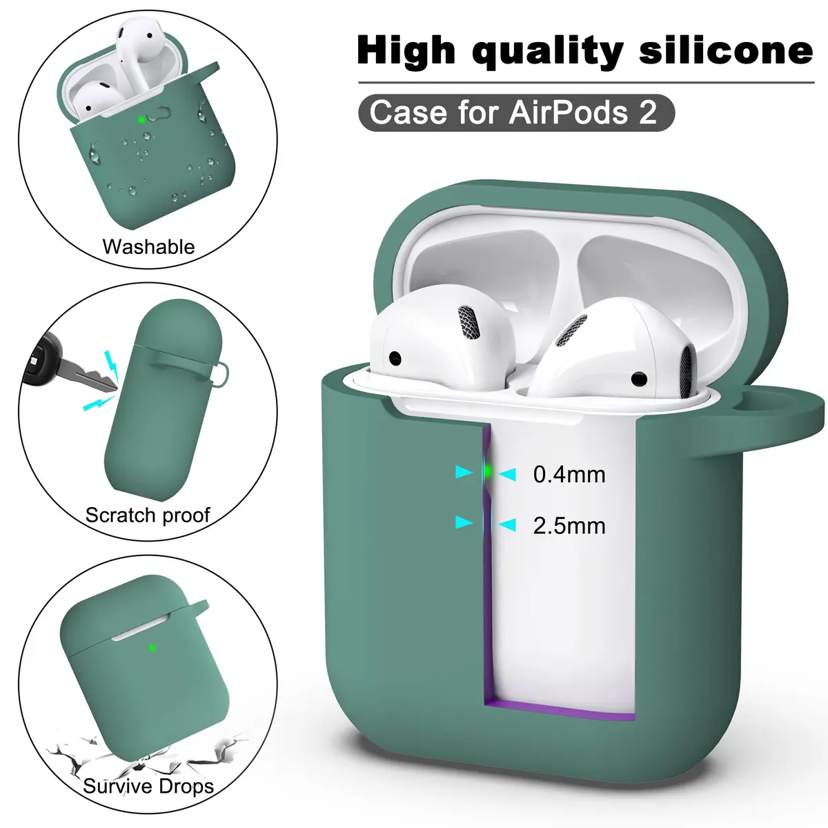 R-fun Silicone AirPods Case for 1st/2nd Gen with Carabiner & Cleaner Kit, Pine Green | Wireless Charging Compatible - view 6