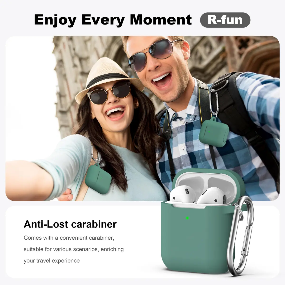 R-fun Silicone AirPods Case for 1st/2nd Gen with Carabiner & Cleaner Kit, Pine Green | Wireless Charging Compatible - view 2