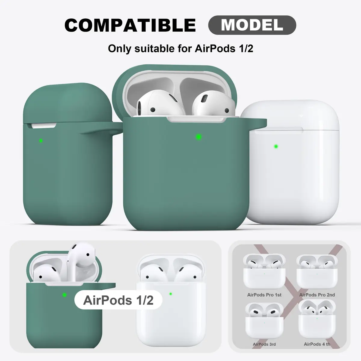 R-fun Silicone AirPods Case for 1st/2nd Gen with Carabiner & Cleaner Kit, Pine Green | Wireless Charging Compatible - view 3