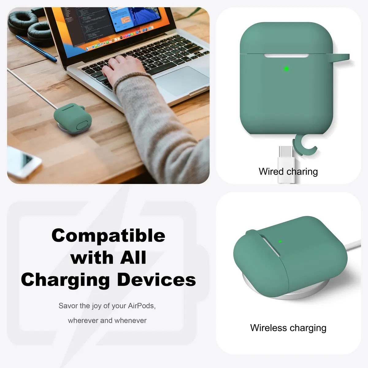 R-fun Silicone AirPods Case for 1st/2nd Gen with Carabiner & Cleaner Kit, Pine Green | Wireless Charging Compatible - view 4