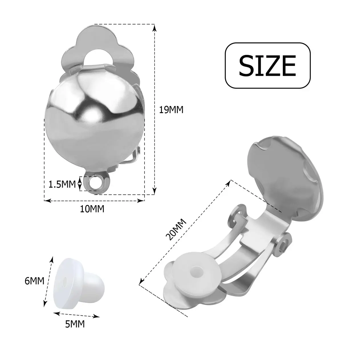 Aylifu Clip On Earring Converters for Non-Pierced Ears, Silver Brass, 20 Pieces (10mm x 19mm) - view 2