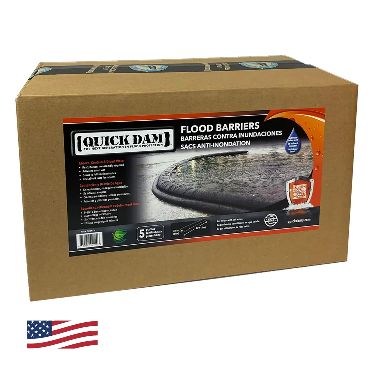 Quick Dam Water Activated Flood Barriers, 17ft | Self-Inflating Flood Control Pack - main product image