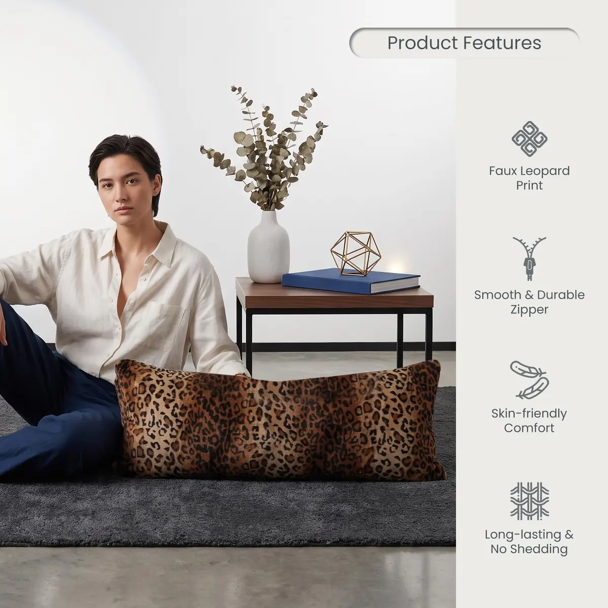 CARRIE HOME Leopard Cheetah Long Decorative Lumbar Body Pillow Cover 20x54 | Soft Velour, Animal Print, All Seasons - view 5