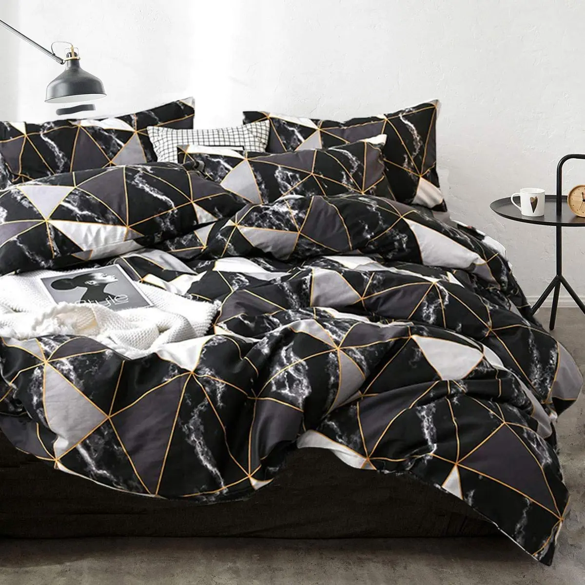 Cottonight Queen Comforter Set Geometric Black Marble Microfiber Bedding 90x90 inches | Modern Lightweight Comforter for Women Men - main product image