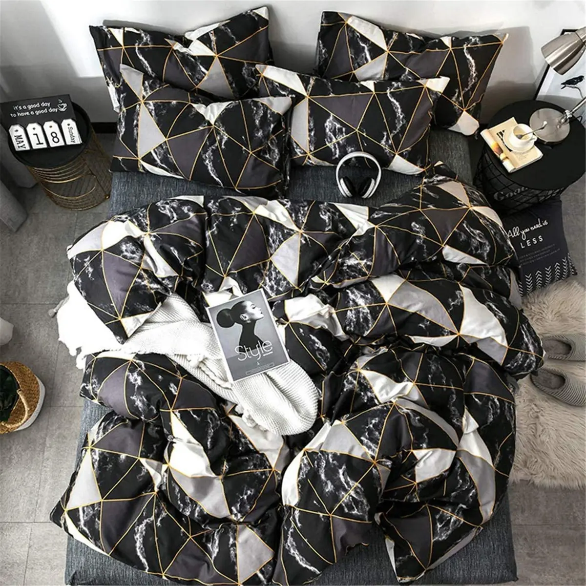 Cottonight Queen Comforter Set Geometric Black Marble Microfiber Bedding 90x90 inches | Modern Lightweight Comforter for Women Men - view 6