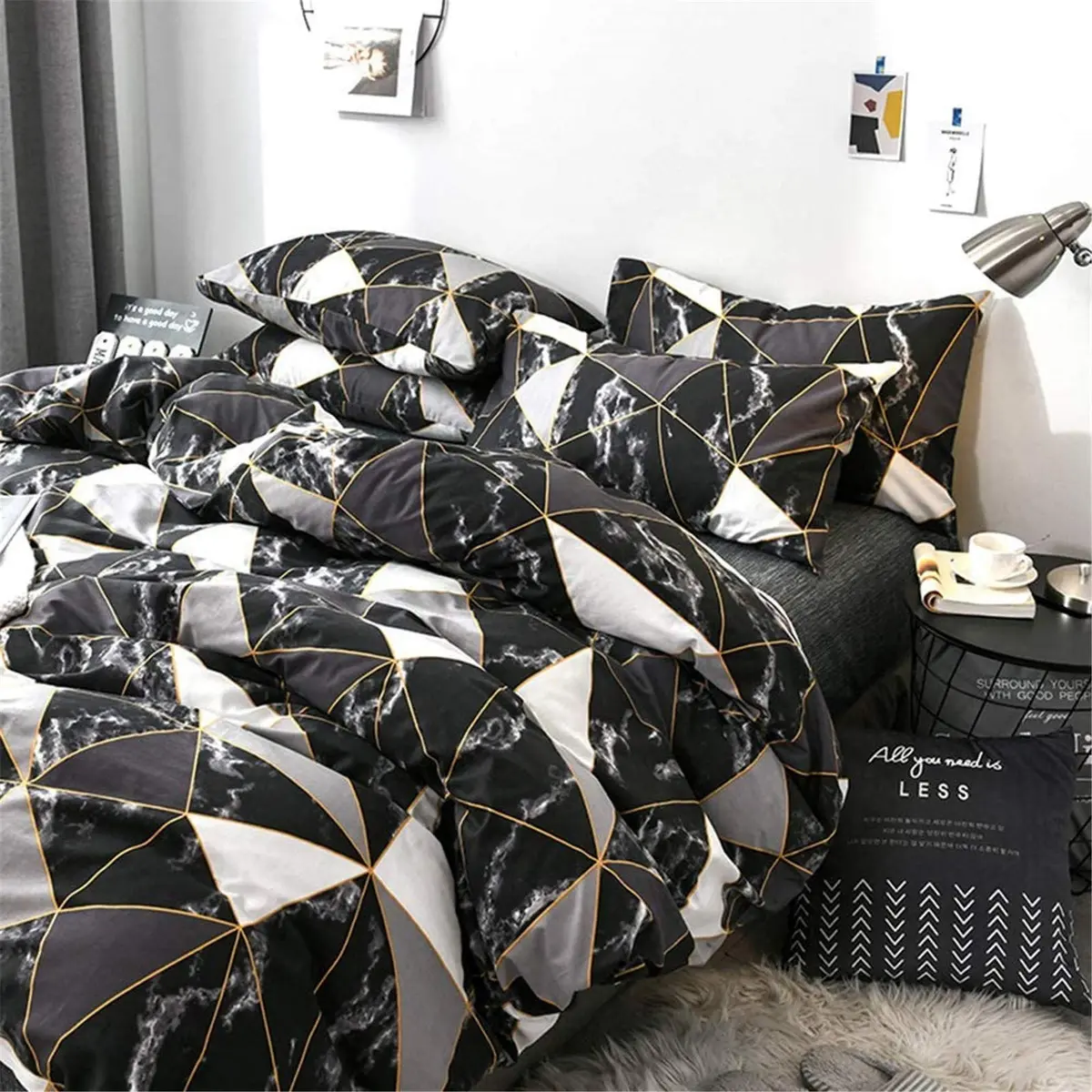 Cottonight Queen Comforter Set Geometric Black Marble Microfiber Bedding 90x90 inches | Modern Lightweight Comforter for Women Men - view 2