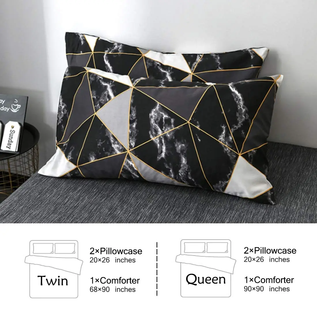 Cottonight Queen Comforter Set Geometric Black Marble Microfiber Bedding 90x90 inches | Modern Lightweight Comforter for Women Men - view 4