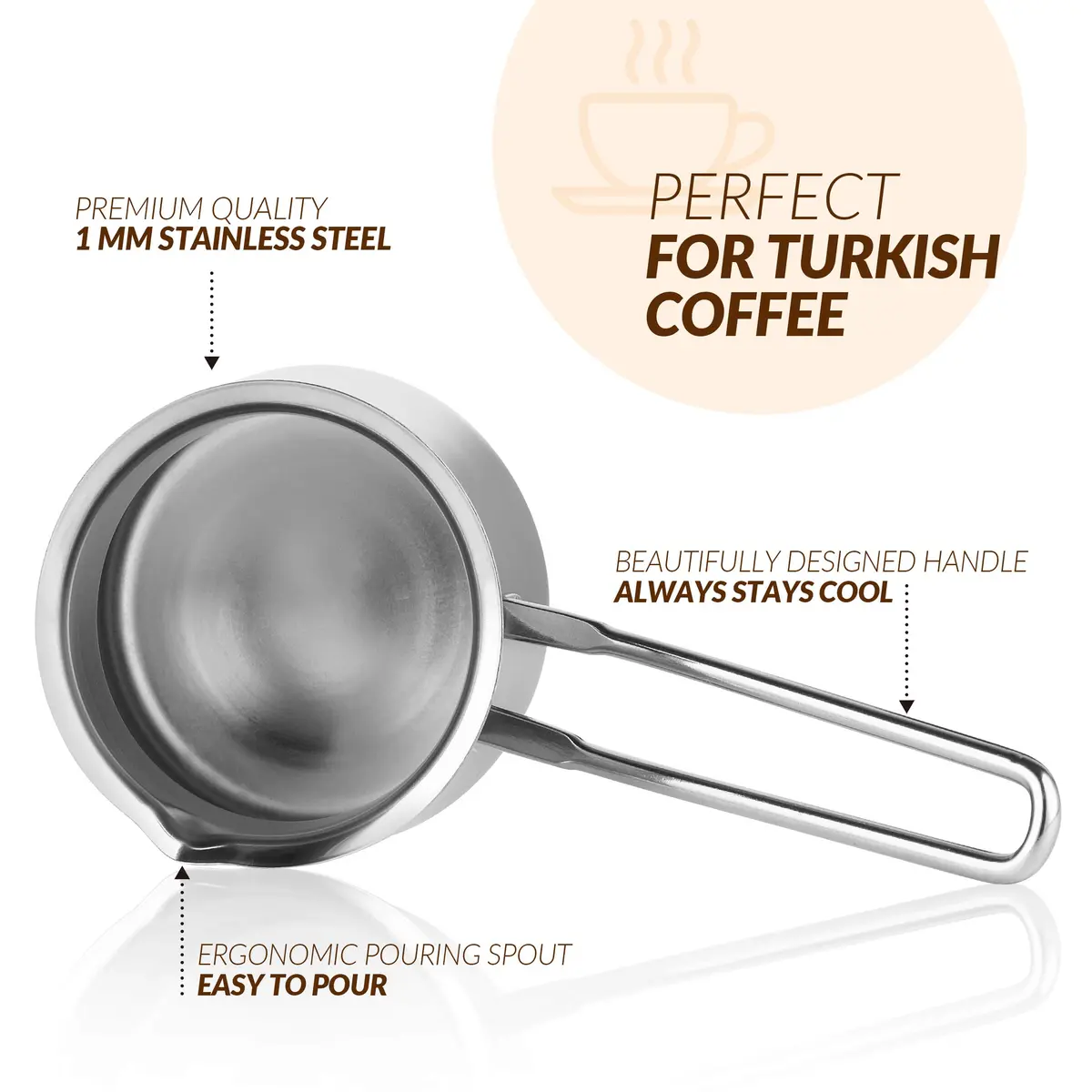 Caizen Coffee Turkish Coffee Pot 15oz | Durable Stainless Steel Briki for Gas & Electric Stoves - view 2