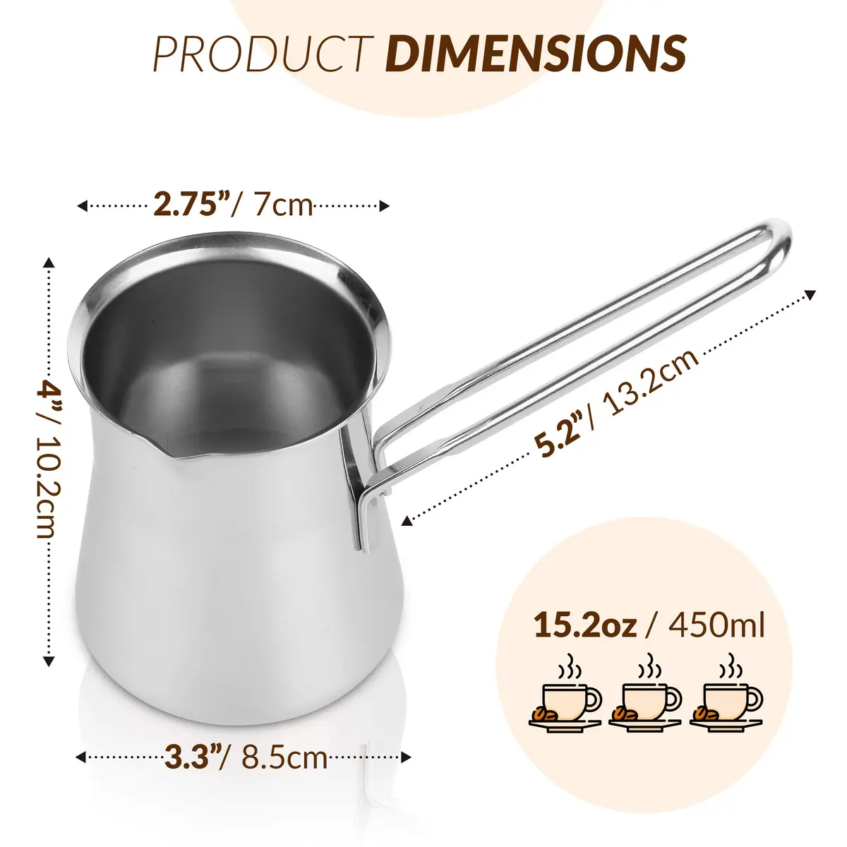 Caizen Coffee Turkish Coffee Pot 15oz | Durable Stainless Steel Briki for Gas & Electric Stoves - view 3